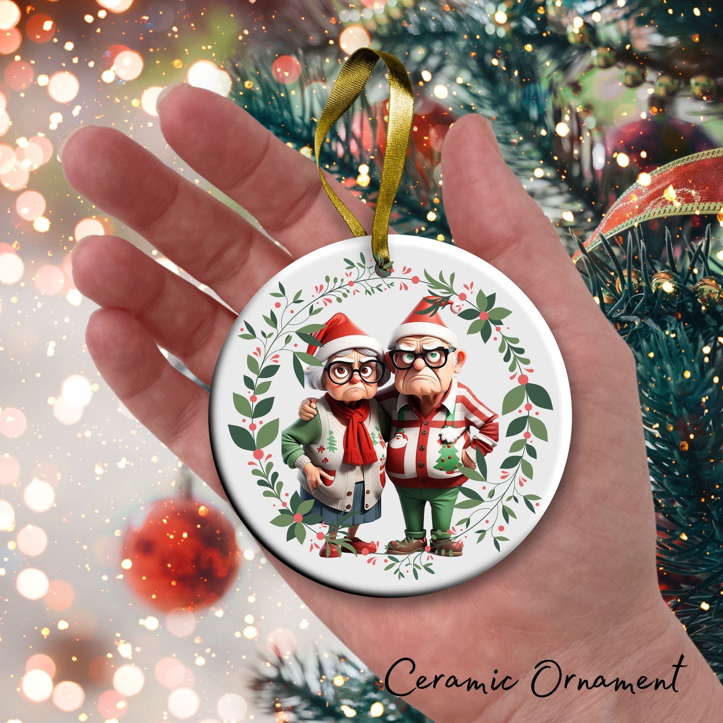 Grumpy Christmas Grandparents Ceramic Ornament 52-01