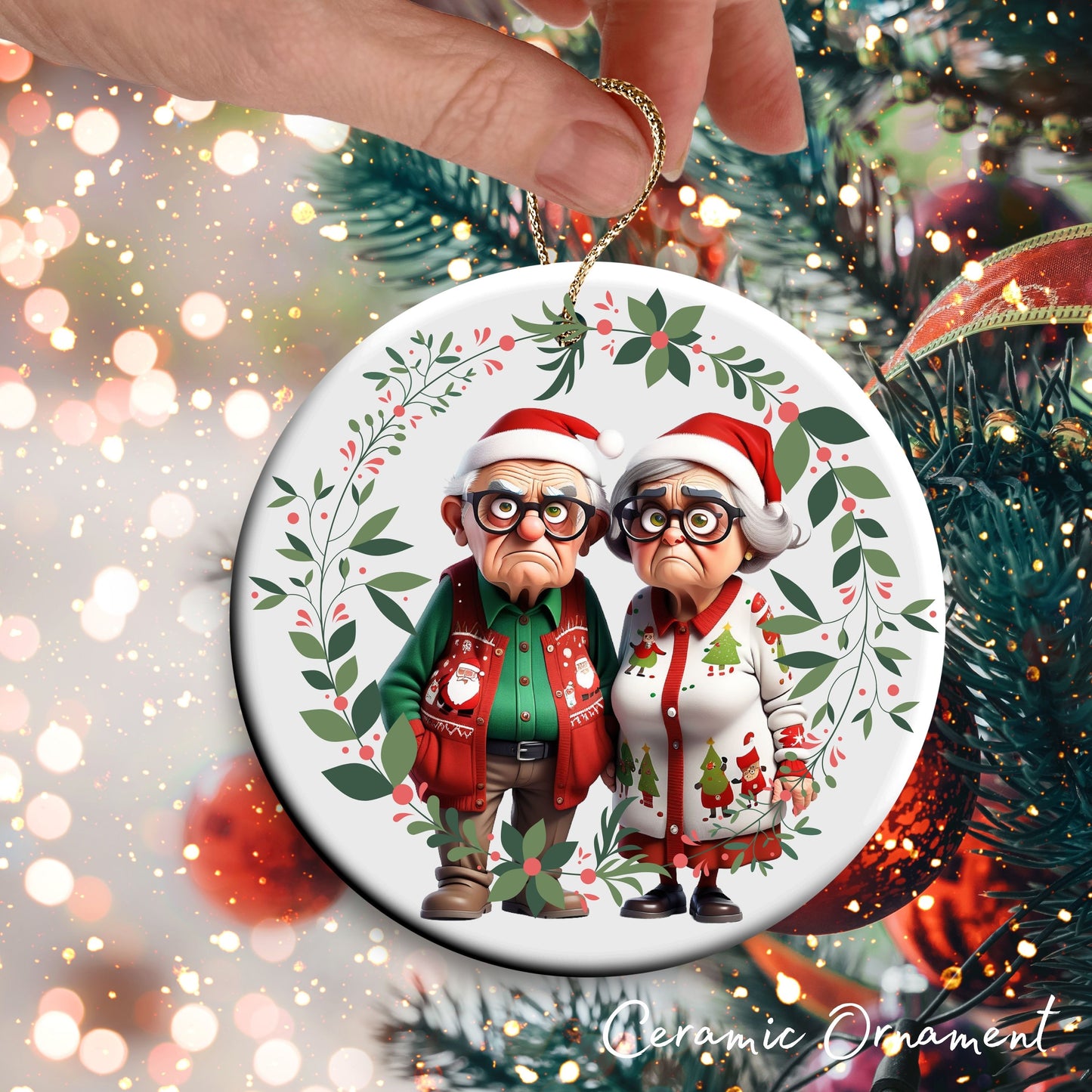 Grumpy Christmas Grandparents Ceramic Ornament 52-27