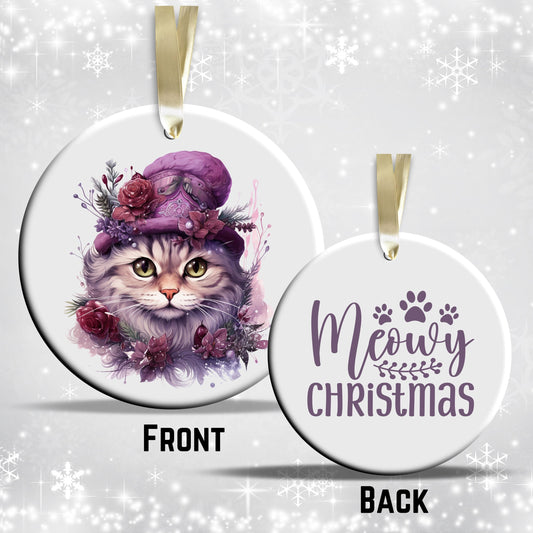 Purple Meowy Christmas Cat Ceramic Ornament 55-01