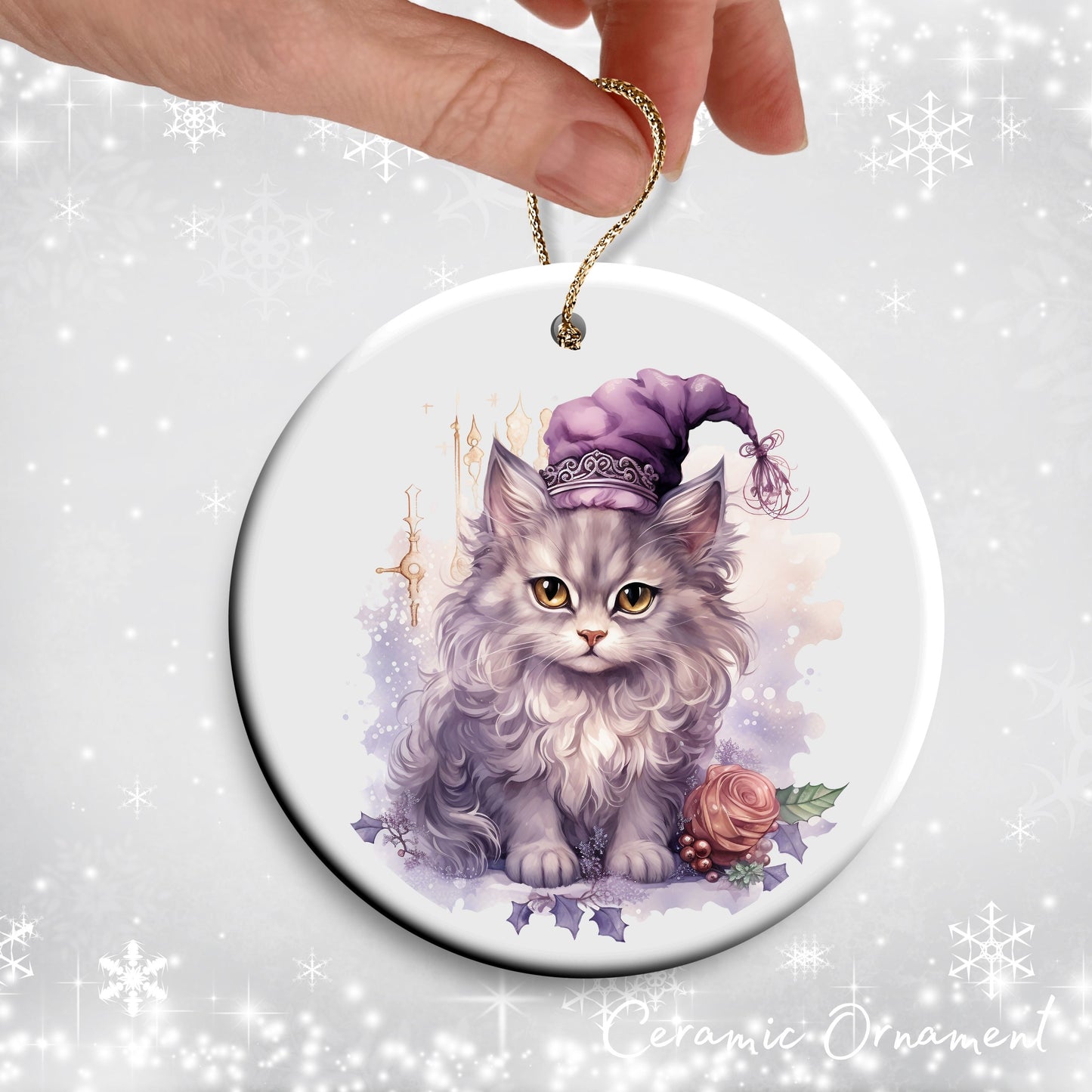 Purple Meowy Christmas Cat Ceramic Ornament 55-02