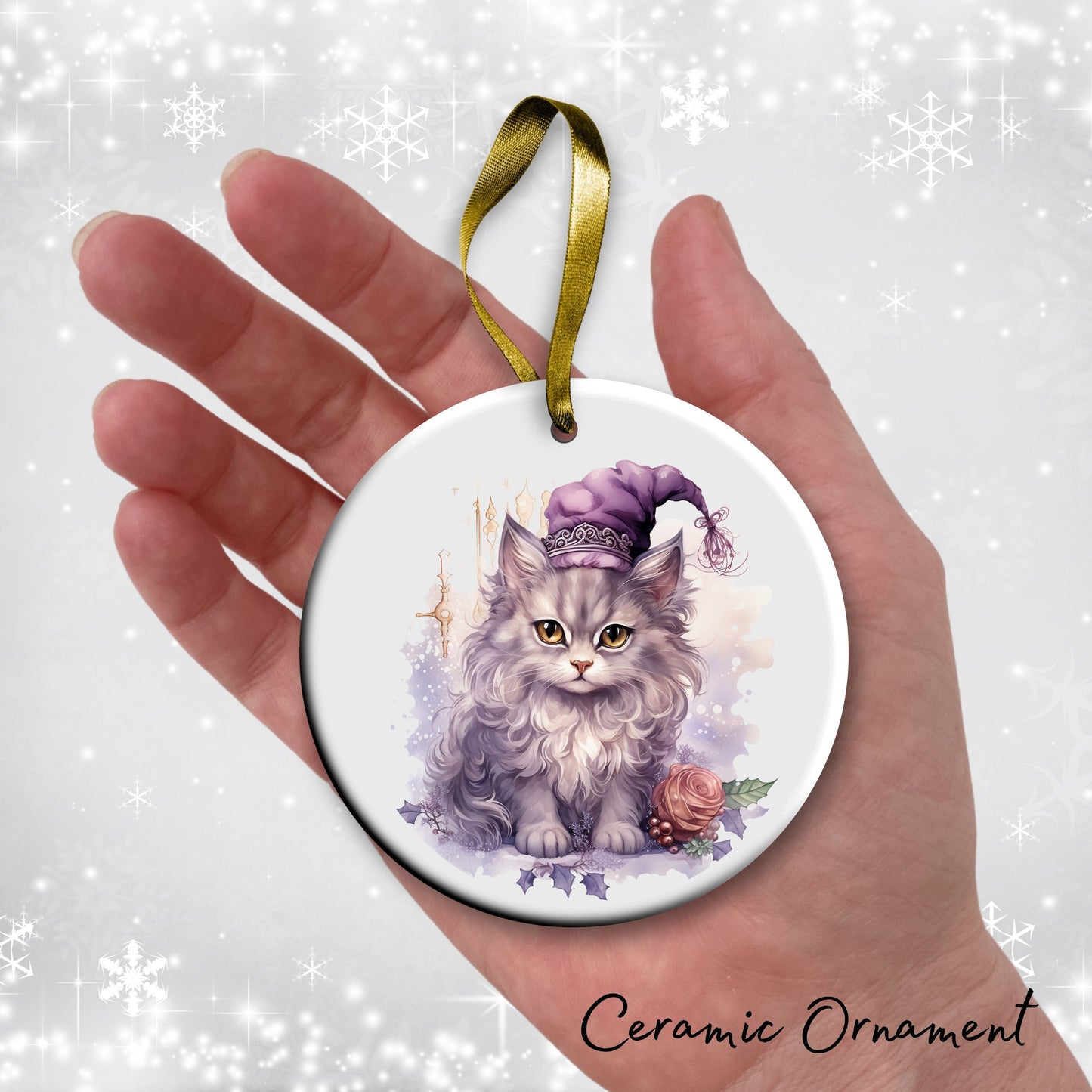 Purple Meowy Christmas Cat Ceramic Ornament 55-02