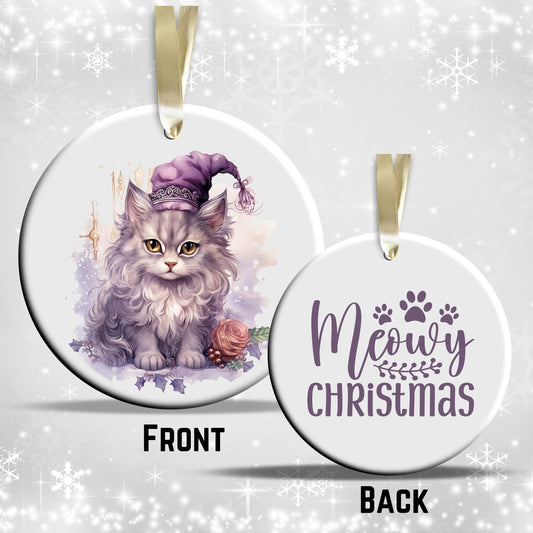 Purple Meowy Christmas Cat Ceramic Ornament 55-02