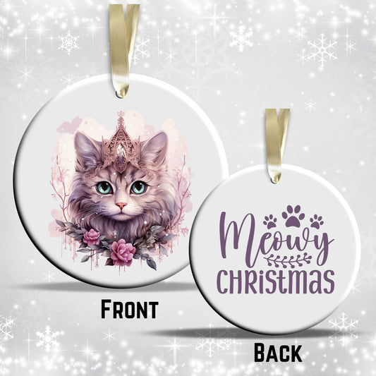 Purple Meowy Christmas Cat Ceramic Ornament 55-09