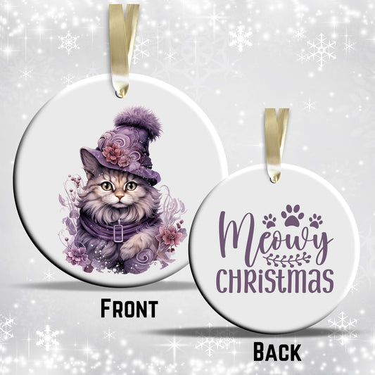 Purple Meowy Christmas Cat Ceramic Ornament 55-03