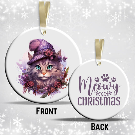 Purple Meowy Christmas Cat Ceramic Ornament 55-04