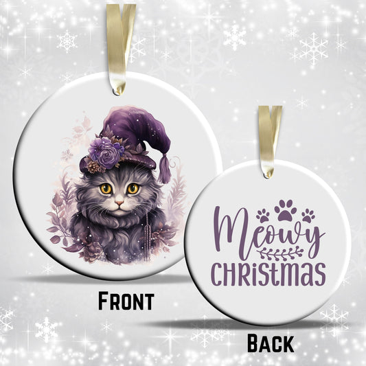 Purple Meowy Christmas Cat Ceramic Ornament 55-07