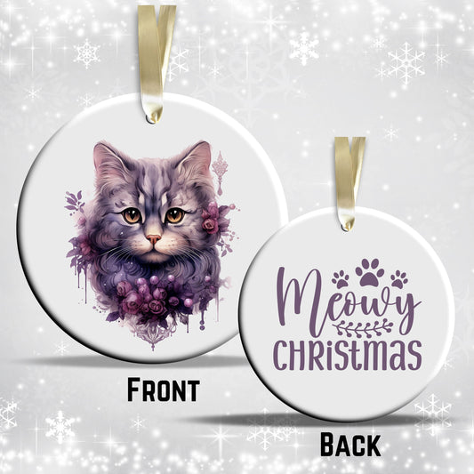 Purple Meowy Christmas Cat Ceramic Ornament 55-05