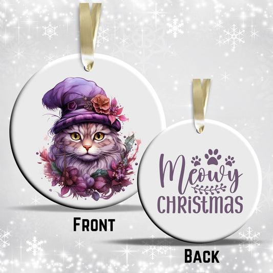 Purple Meowy Christmas Cat Ceramic Ornament 55-06