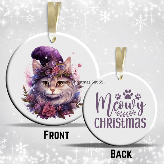 Purple Meowy Christmas Cat Ceramic Ornament 55-08