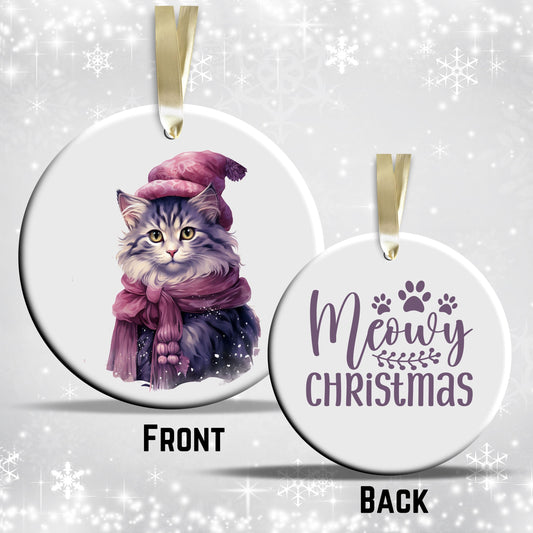 Purple Meowy Christmas Cat Ceramic Ornament 55-10