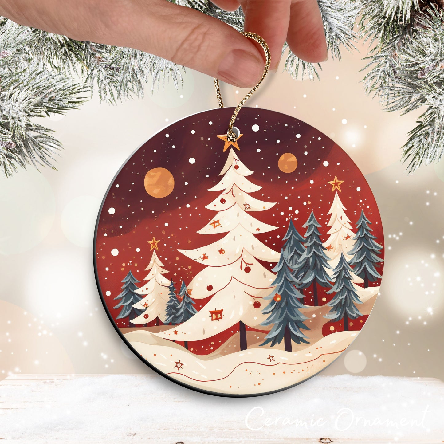 Nordic Watercolor Christmas Ceramic Ornament 43-10n Winter Scene