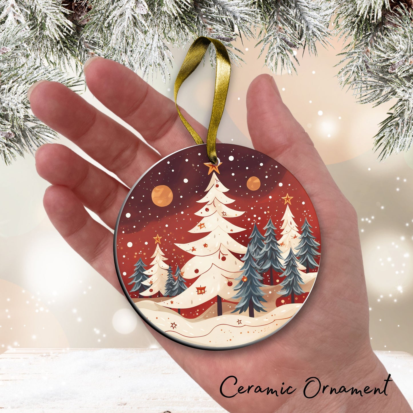 Nordic Watercolor Christmas Ceramic Ornament 43-10n Winter Scene