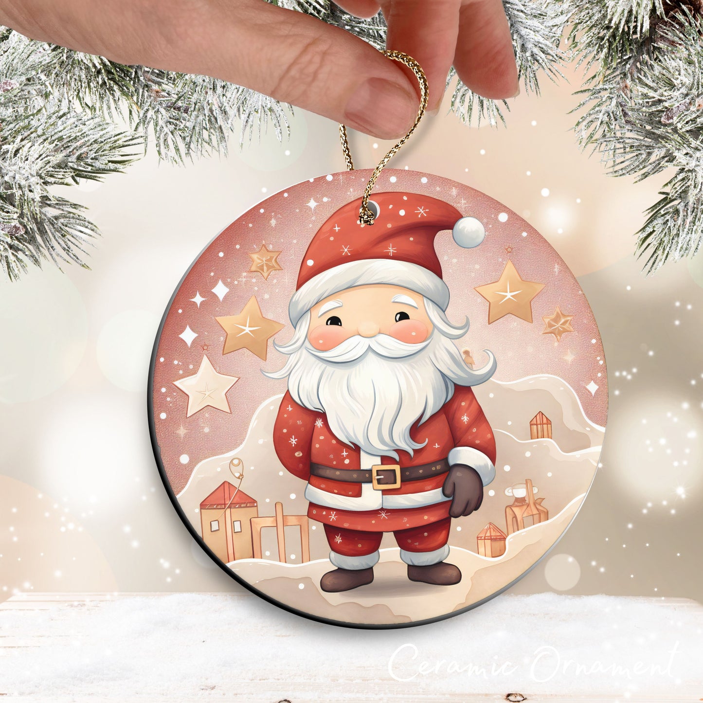 Nordic Watercolor Christmas Ceramic Ornament 43-11 Santa Claus