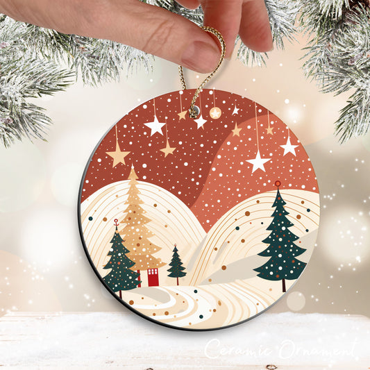 Nordic Watercolor Christmas Ceramic Ornament 43-13 Winter Scene