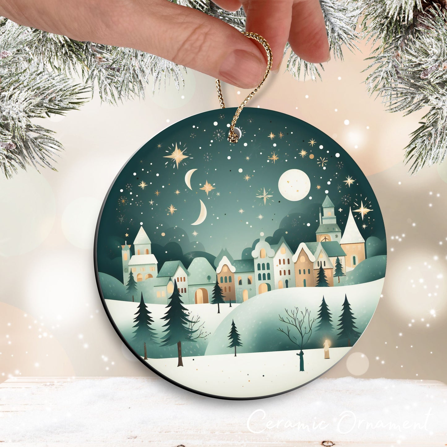 Nordic Watercolor Christmas Ceramic Ornament 43-18 Xmas Village