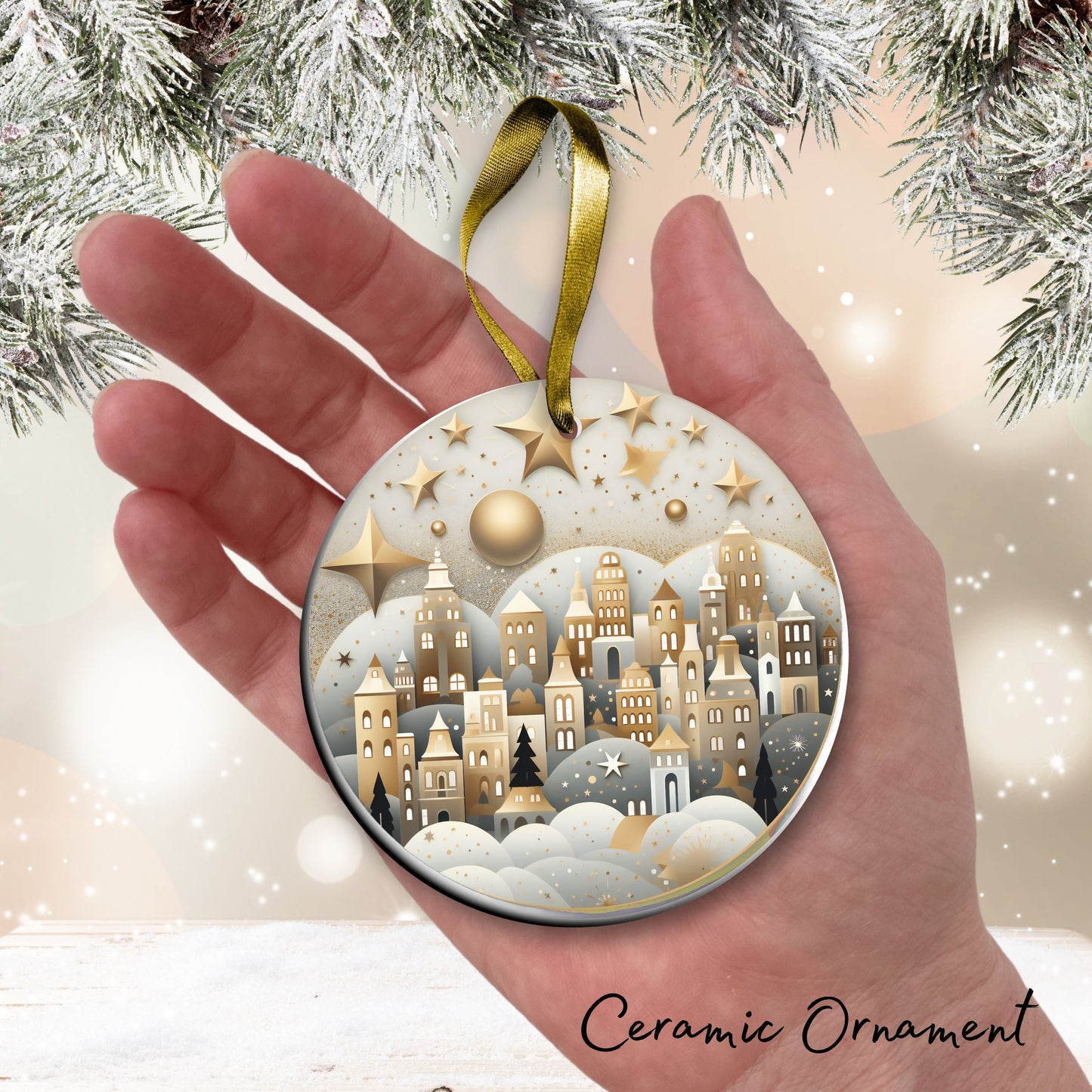 Nordic Watercolor Christmas Ceramic Ornament 43-25 Xmax Village