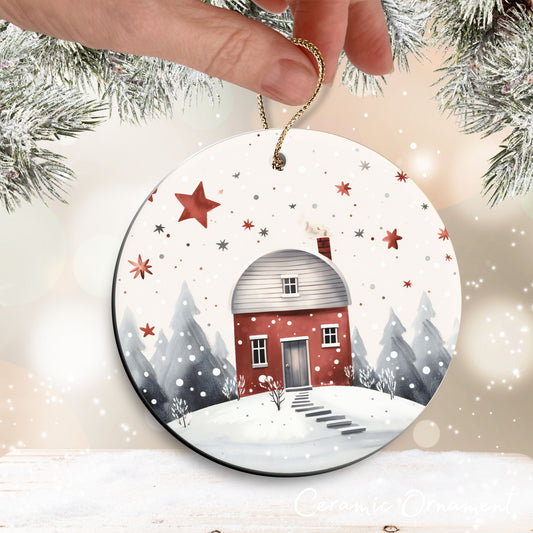 Nordic Watercolor Christmas Ceramic Ornament 43-06 Winter Scene