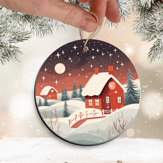 Nordic Watercolor Christmas Ceramic Ornament 43-08 Winter Scene