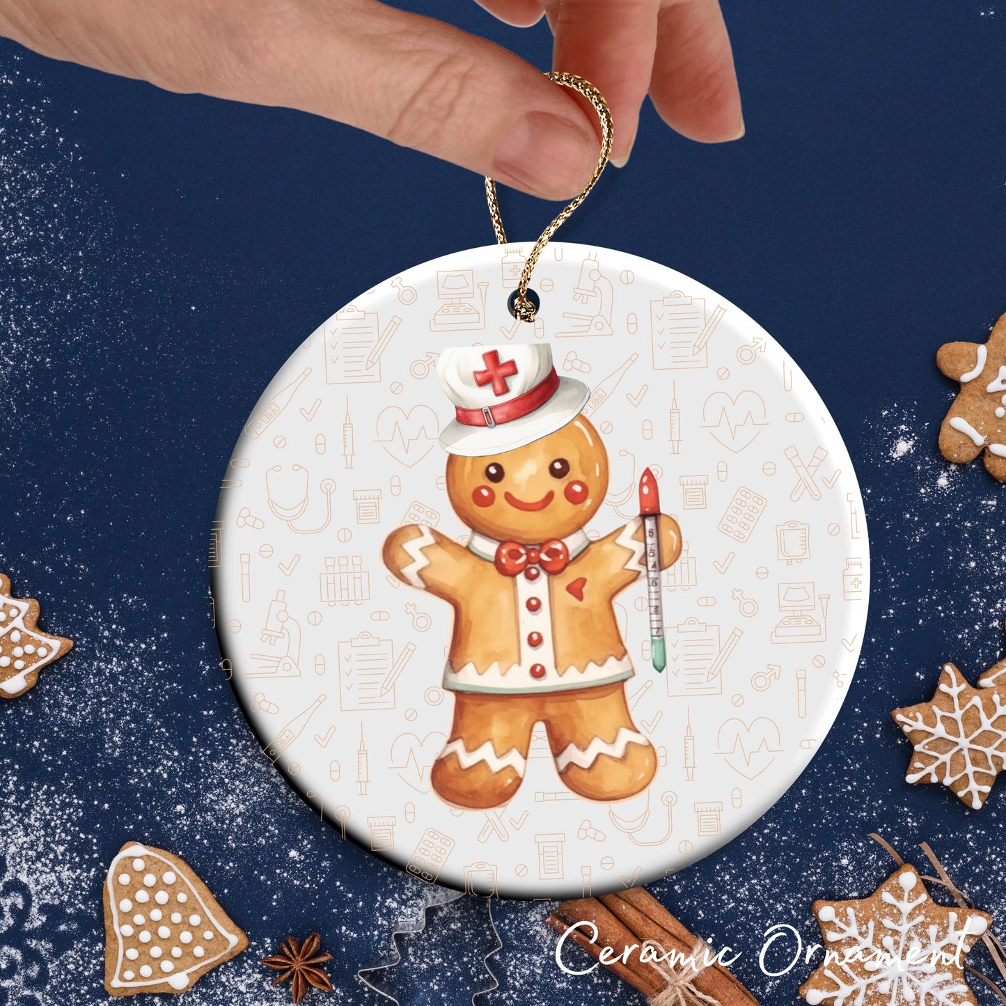 Watercolor Gingerbread Nurse Ceramic Christmas Ornament 72-05