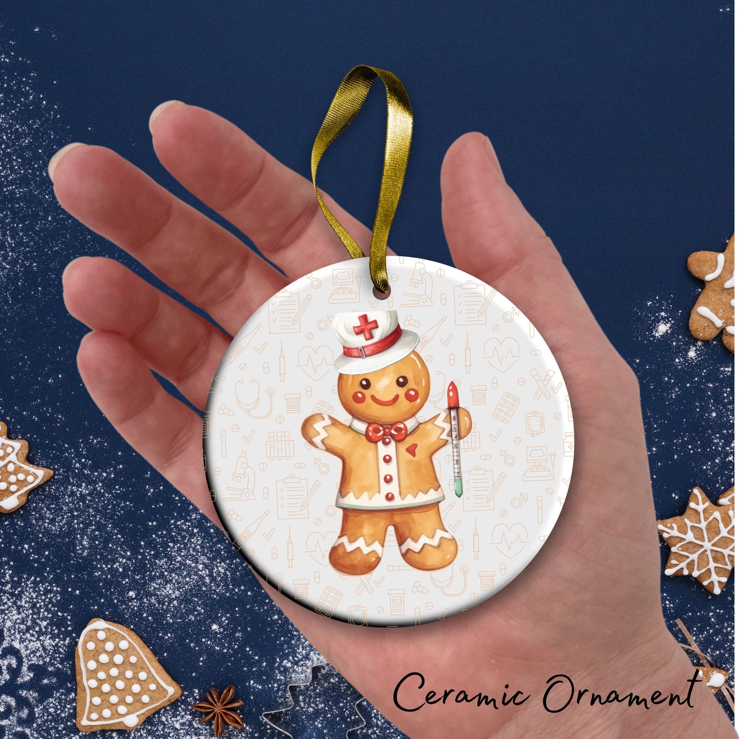 Watercolor Gingerbread Nurse Ceramic Christmas Ornament 72-05