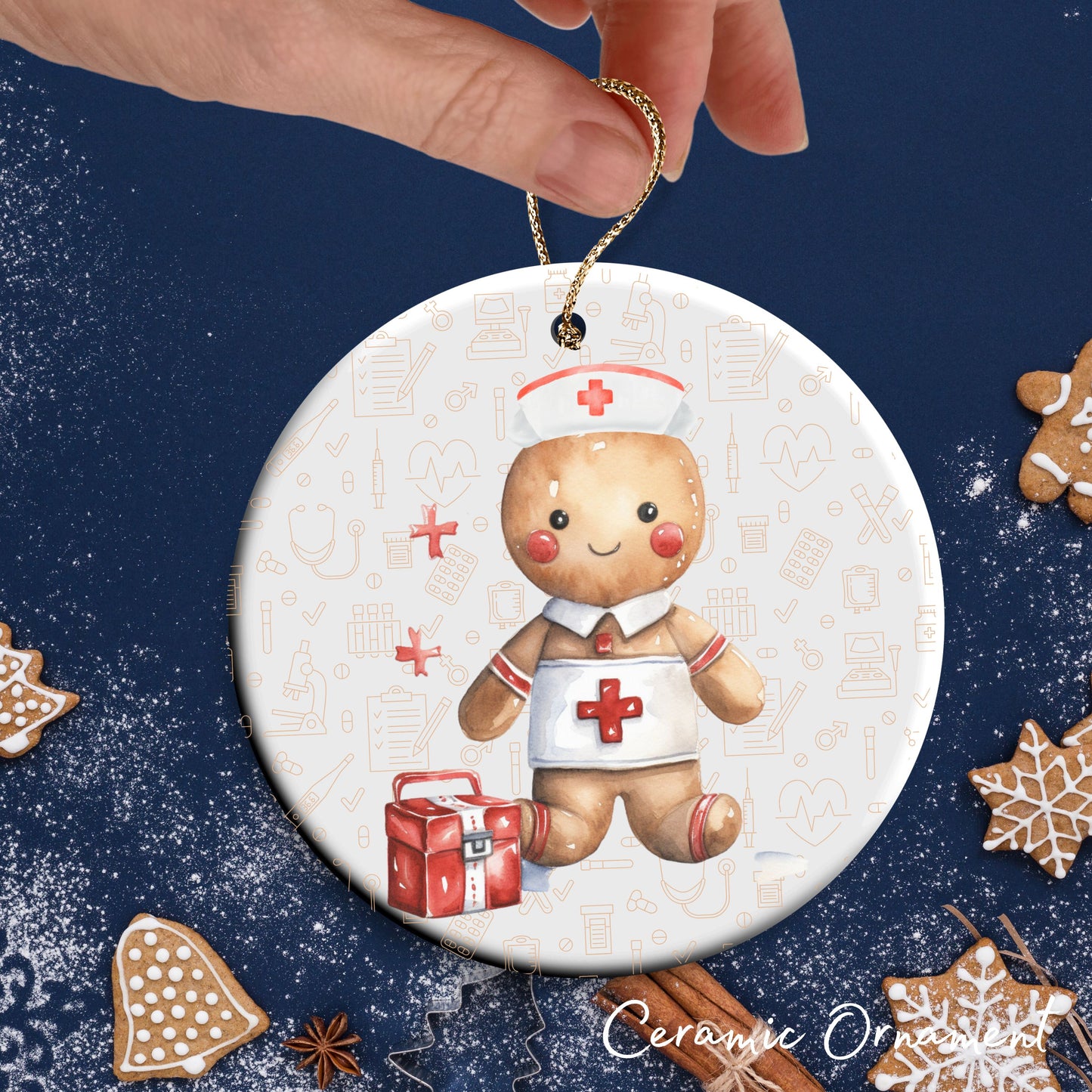 Watercolor Gingerbread Nurse Ceramic Christmas Ornament 72-08