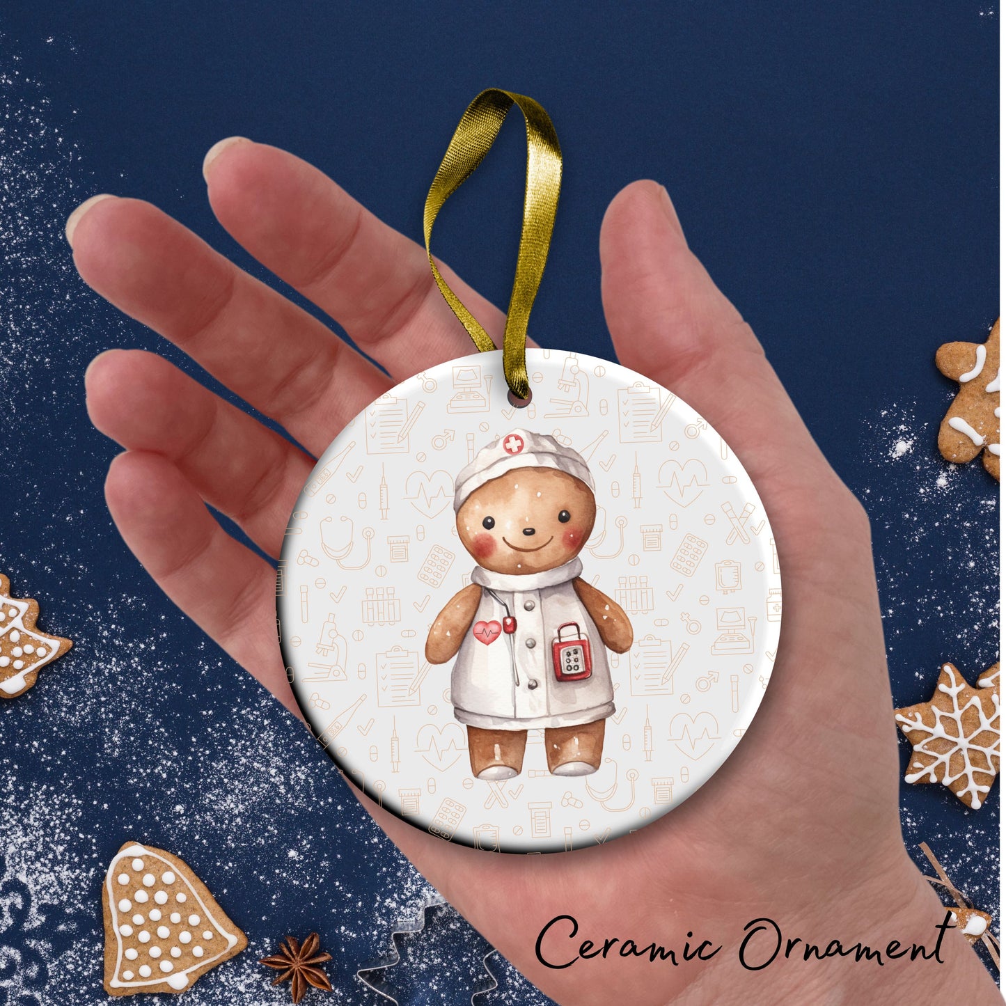 Watercolor Gingerbread Nurse Ceramic Christmas Ornament 72-10