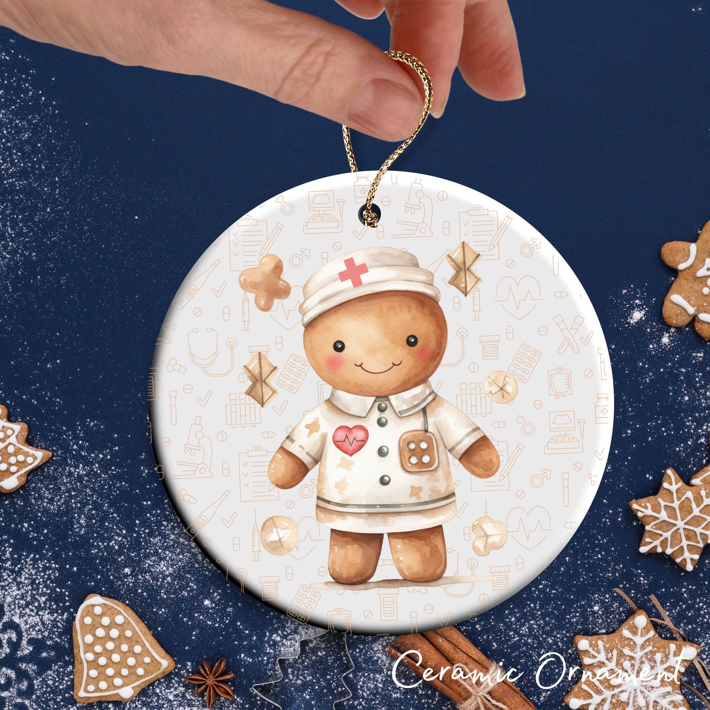 Watercolor Gingerbread Nurse Ceramic Christmas Ornament 72-12