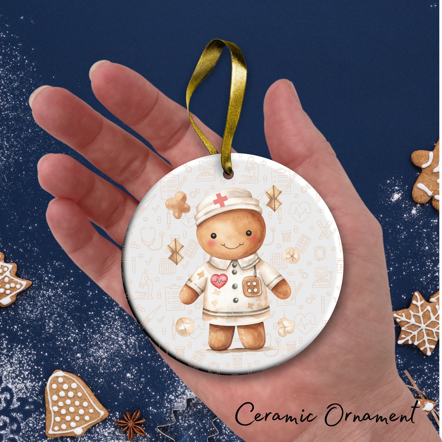 Watercolor Gingerbread Nurse Ceramic Christmas Ornament 72-12