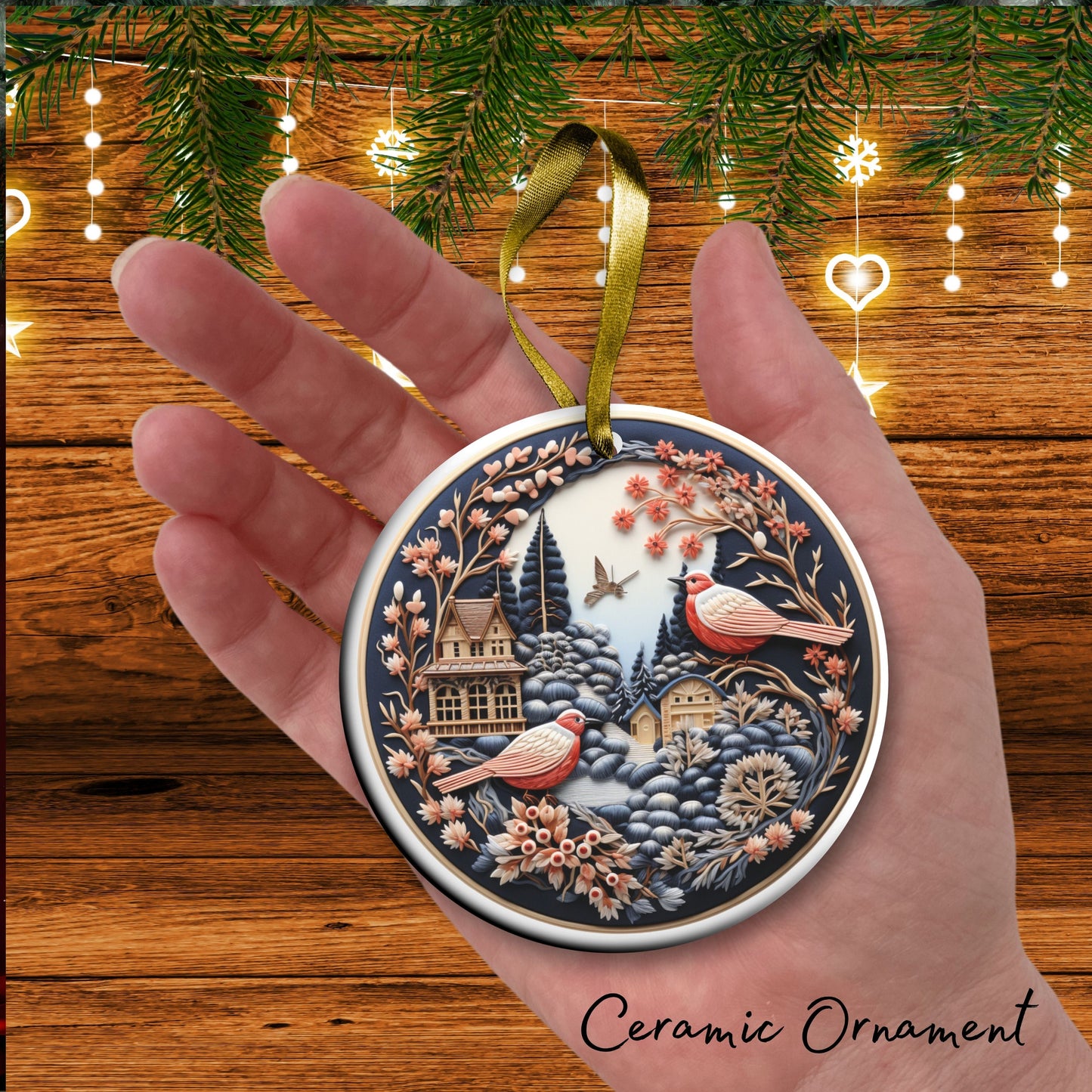 Oriental Bird Ceramic Ornament 61-02 Happy Holidays Keepsake Bauble