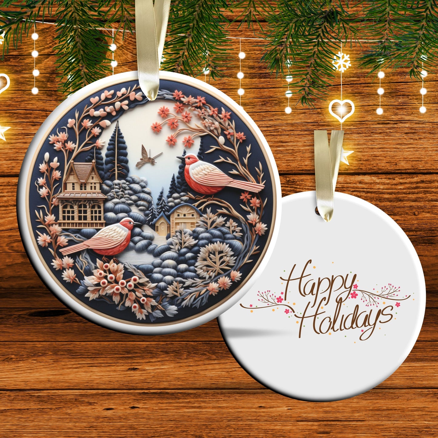 Oriental Bird Ceramic Ornament 61-02 Happy Holidays Keepsake Bauble