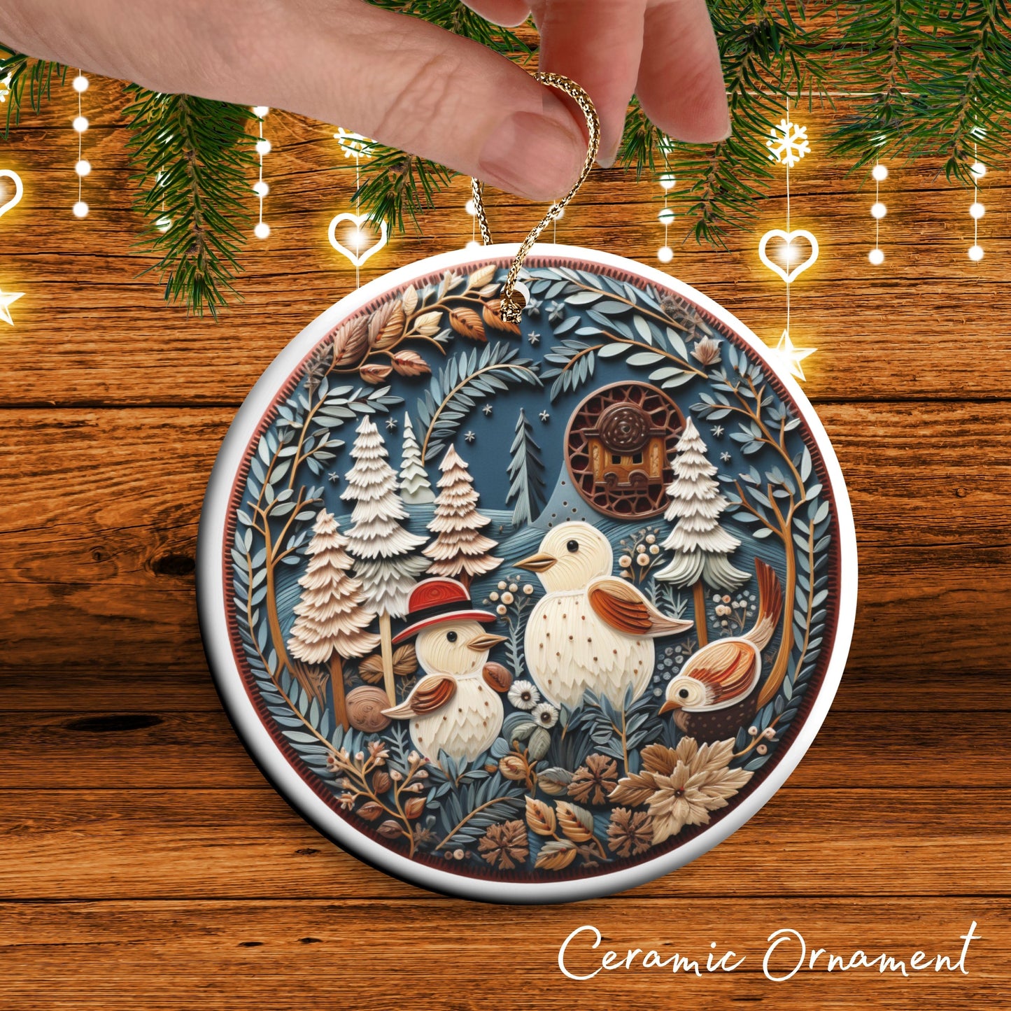 Oriental Bird Ceramic Ornament 61-12 Happy Holidays Keepsake Bauble