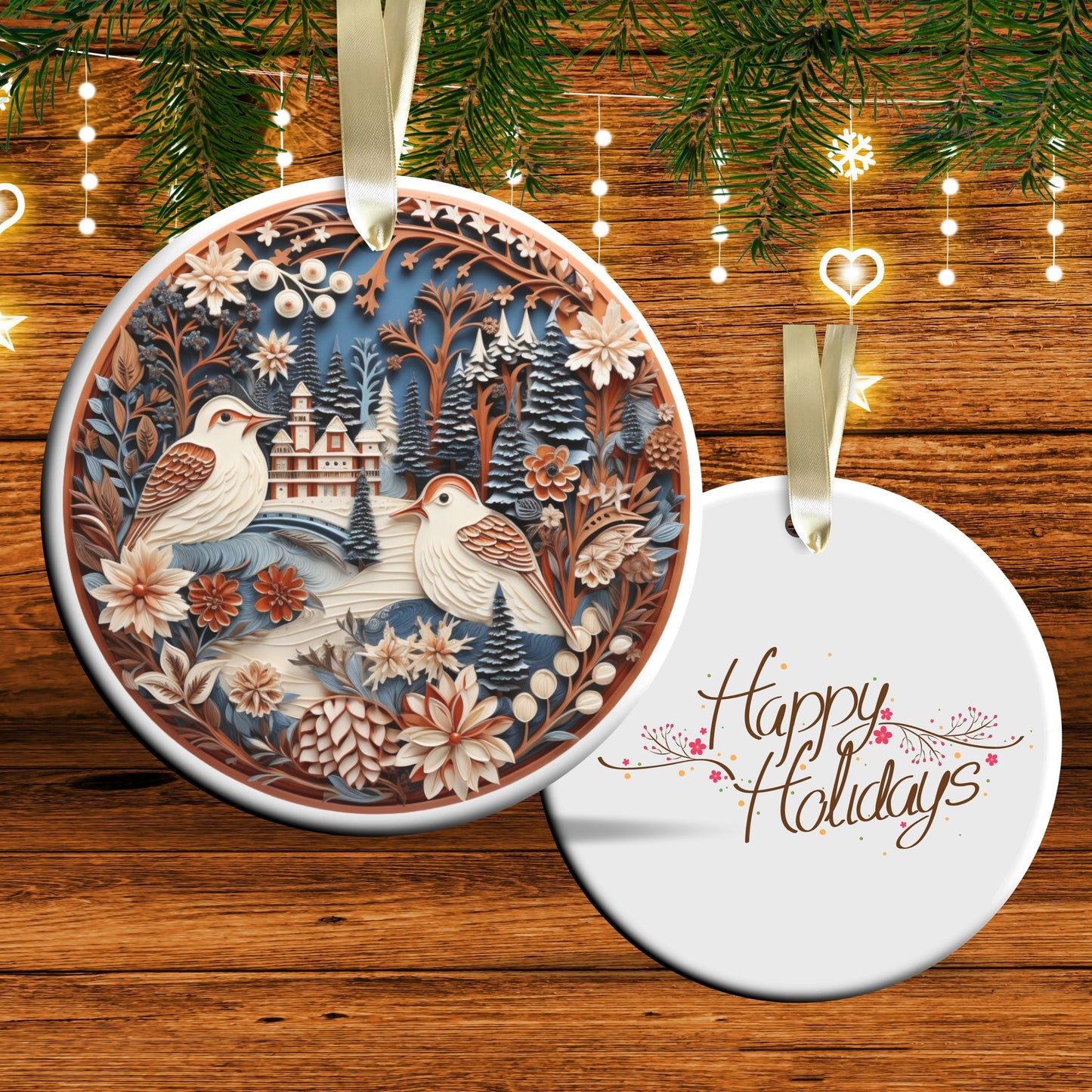 Oriental Bird Ceramic Ornament 61-13 Happy Holidays Keepsake Bauble