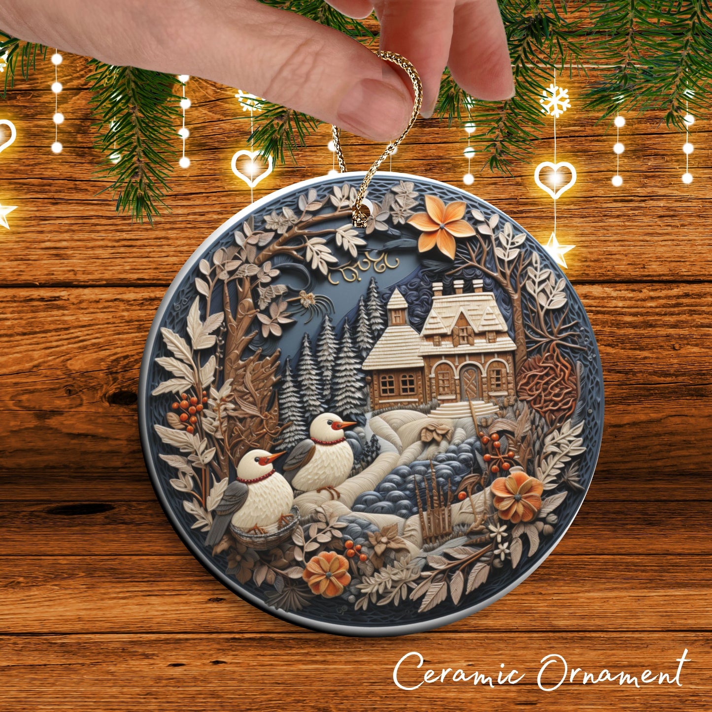 Oriental Bird Ceramic Ornament 61-15 Happy Holidays Keepsake Bauble