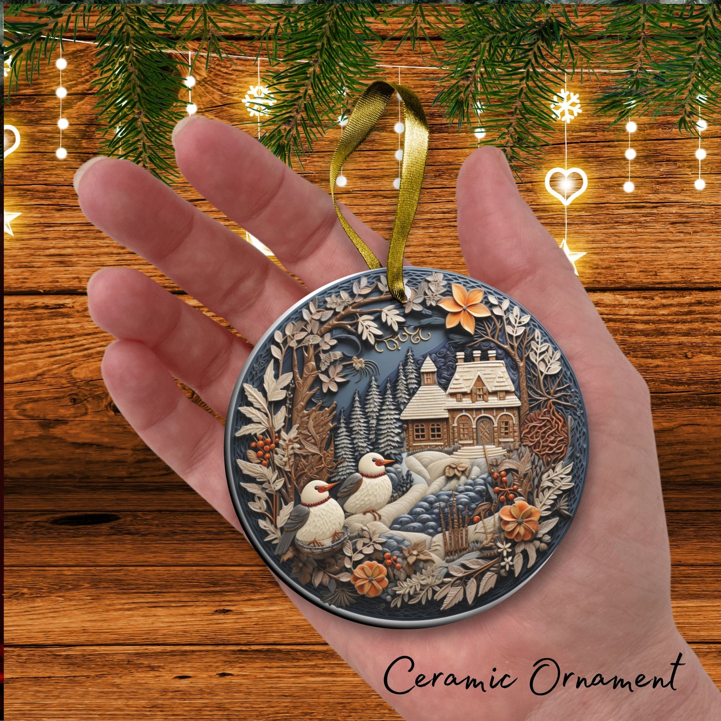 Oriental Bird Ceramic Ornament 61-15 Happy Holidays Keepsake Bauble