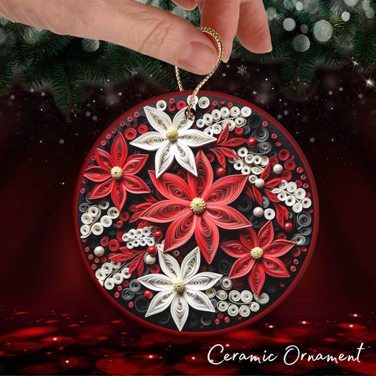 Red 3D Christmas Poinsettia Ceramic Ornament 06-04