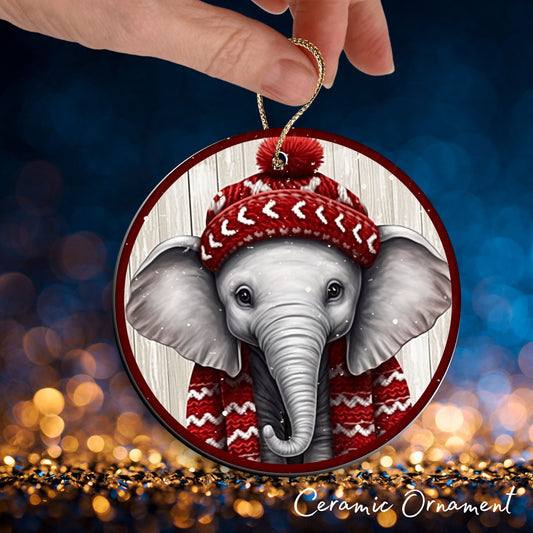 Red Elephant Christmas Ceramic Ornament