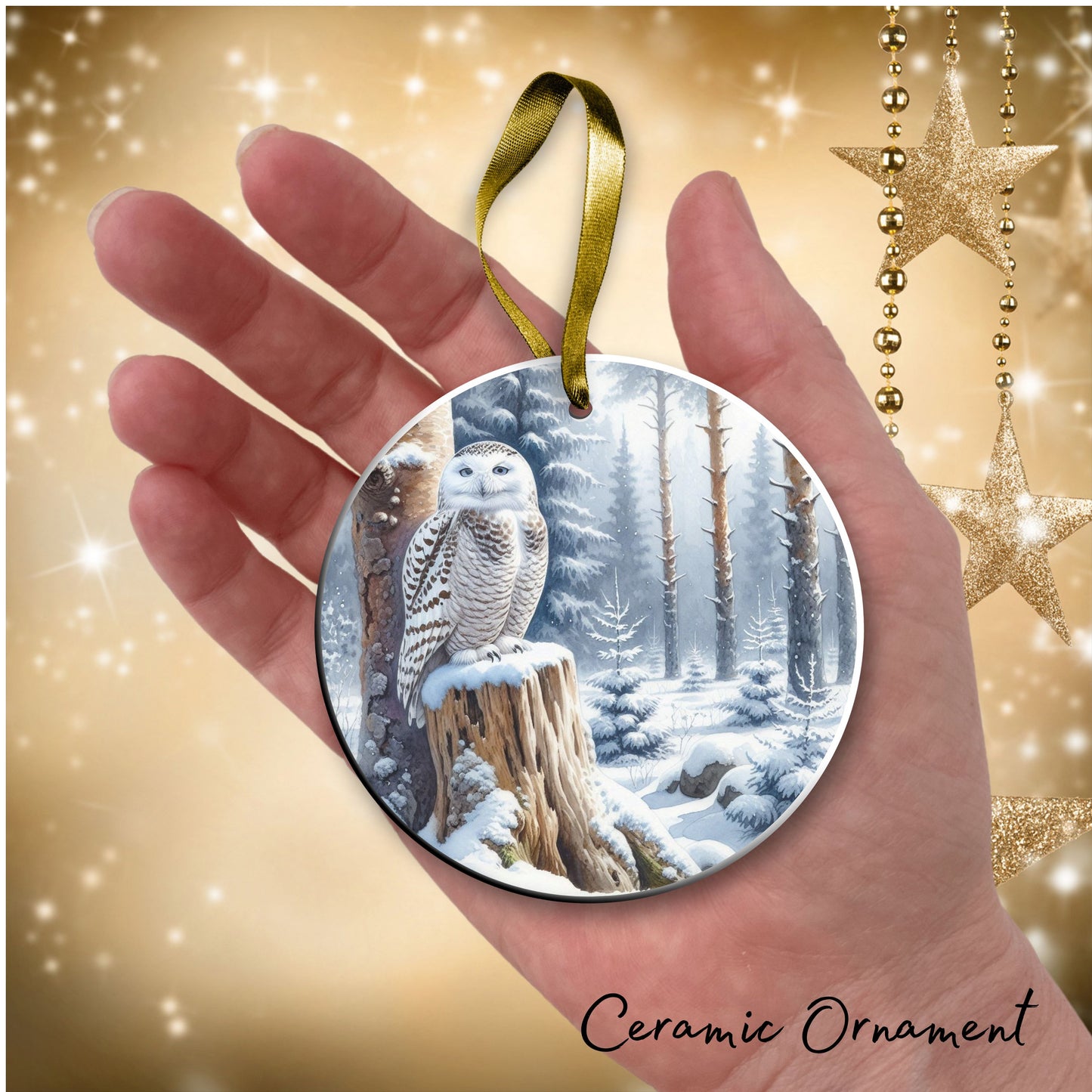 Snowy Owl in Winter Forest Ceramic Ornament 36-04