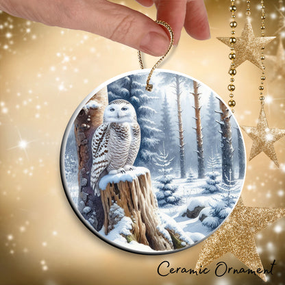 Snowy Owl in Winter Forest Ceramic Ornament 36-04