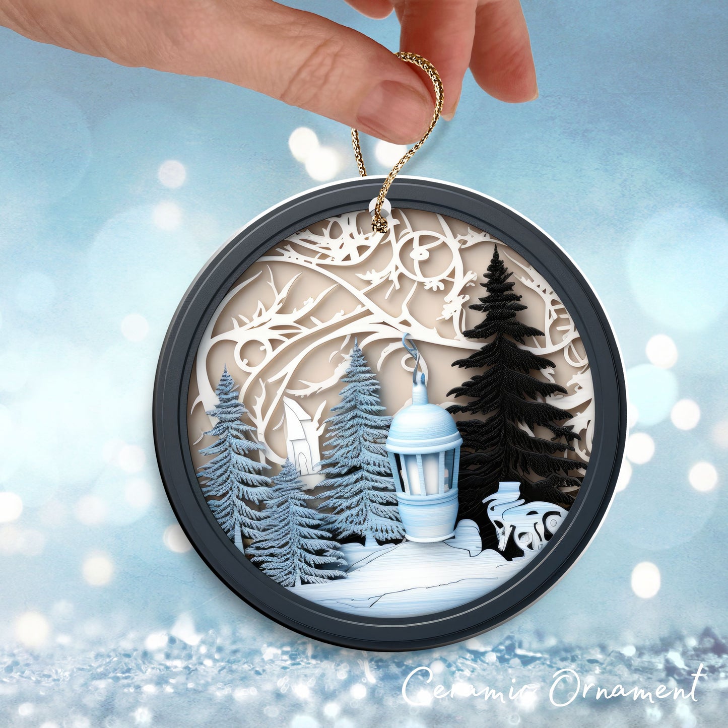 Steel Blue Lantern and Tree Ceramic Ornament 40-05