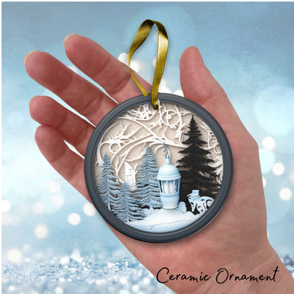 Steel Blue Lantern and Tree Ceramic Ornament 40-05