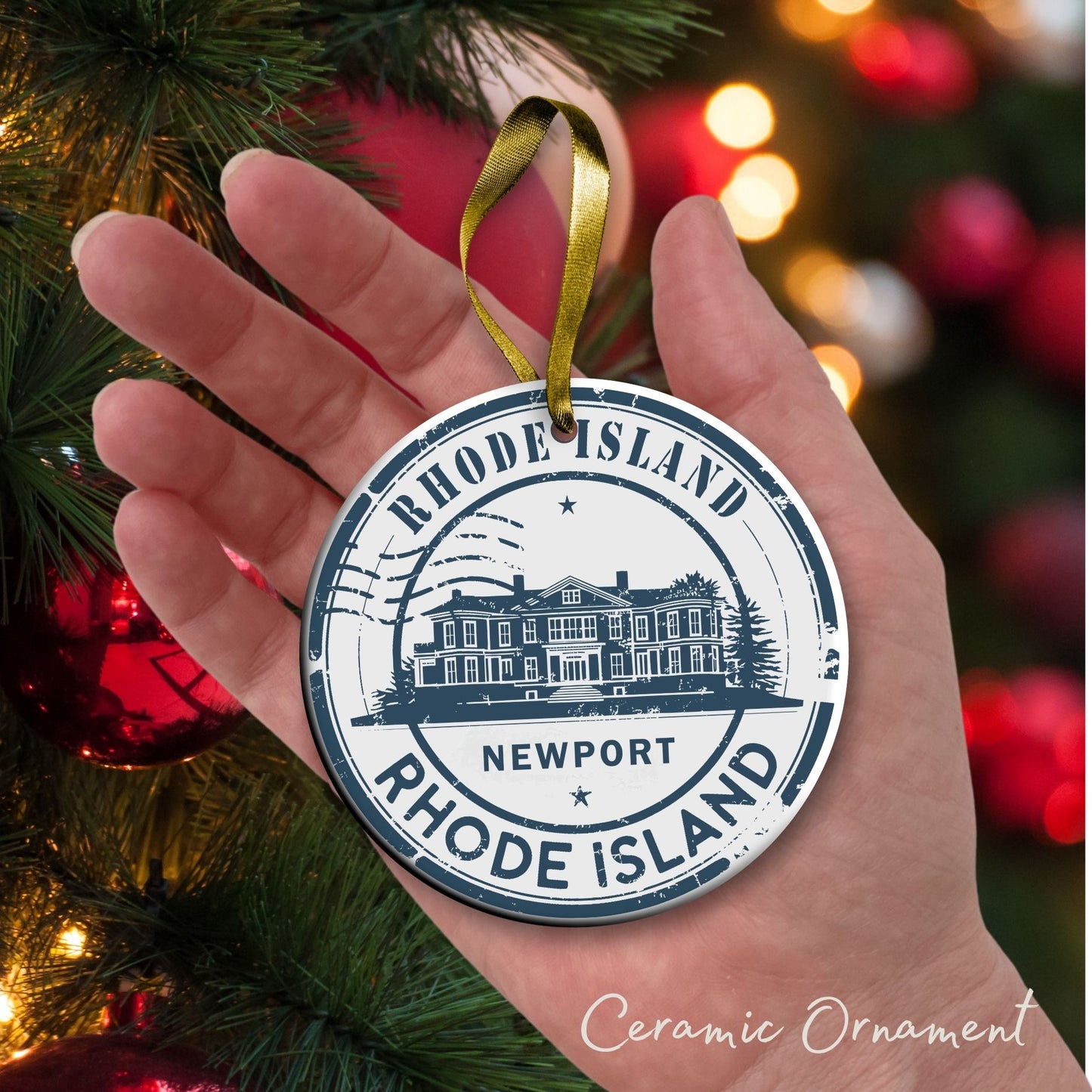 Rhode Island State Christmas Ornament - Personalized Ceramic 66-RI