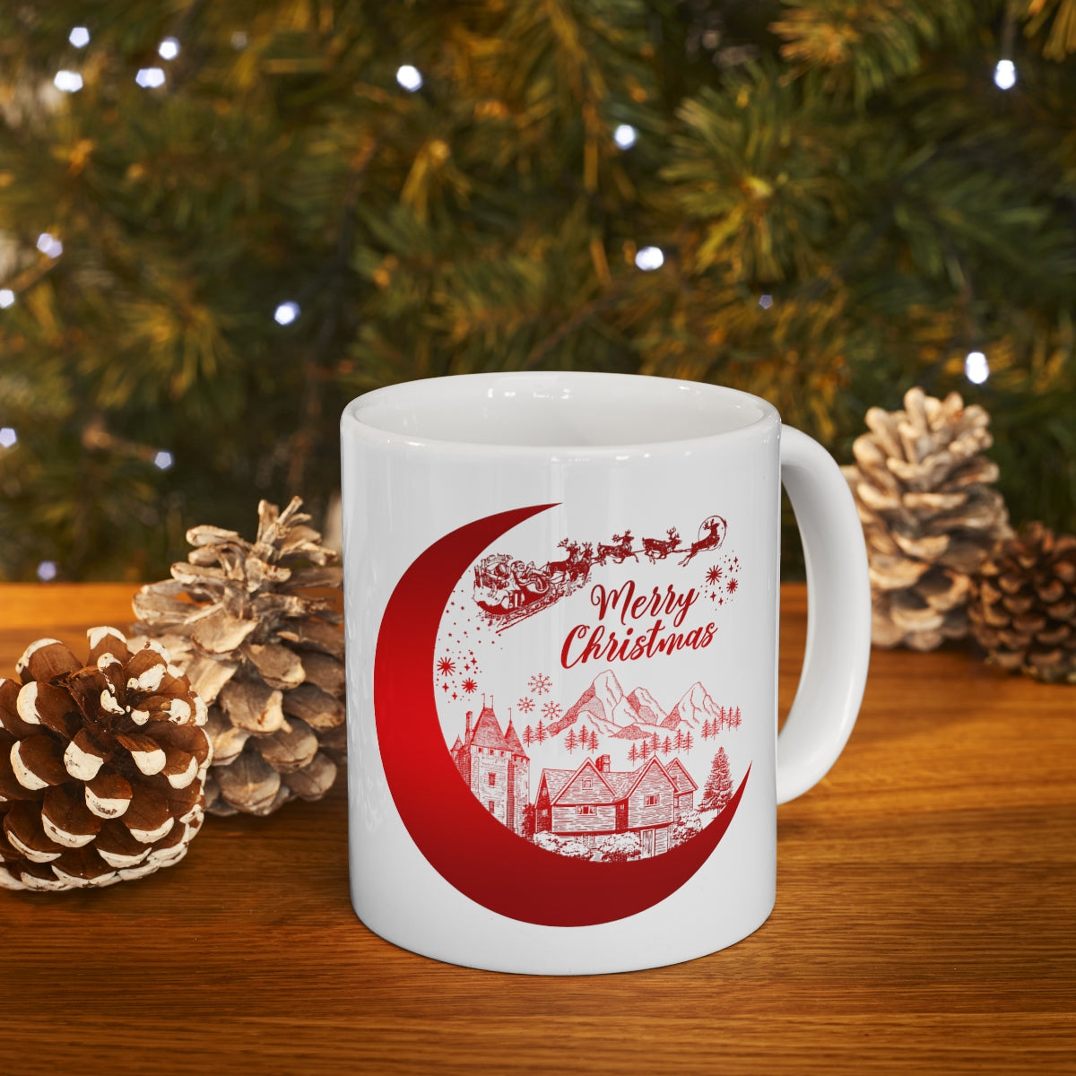 Red Merry Christmas with Santa's Sleigh Ceramic Mug