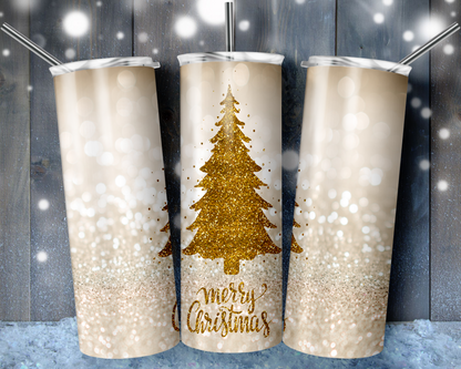 Gold Glitter Merry Christmas Tree Tumbler