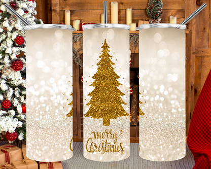 Gold Glitter Merry Christmas Tree Tumbler